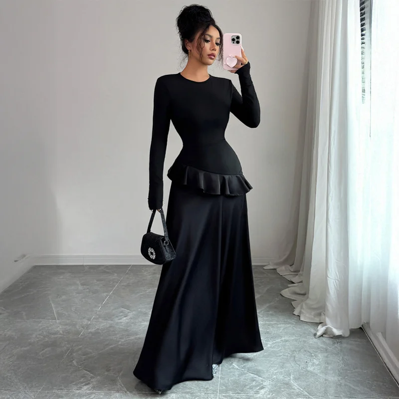 

Elegant High-End Long-Sleeve Lace Long Dress Women's Autumn Winter Independent Brand