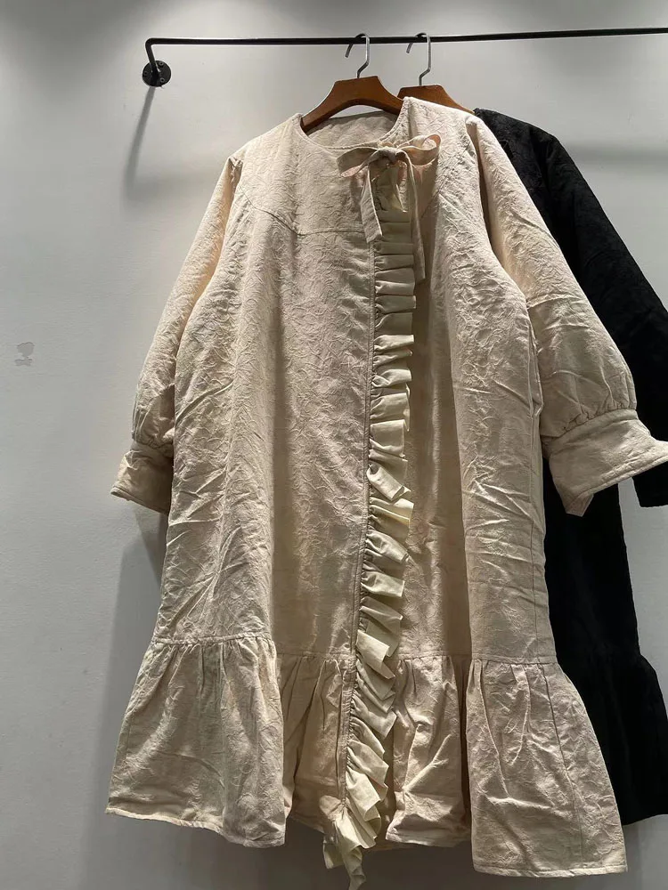 

Зимнее женское свободное длинное пальто из хлопка с круглым вырезом, с поясом-завязкой, однотонное, в китайском стиле, для повседневной носки