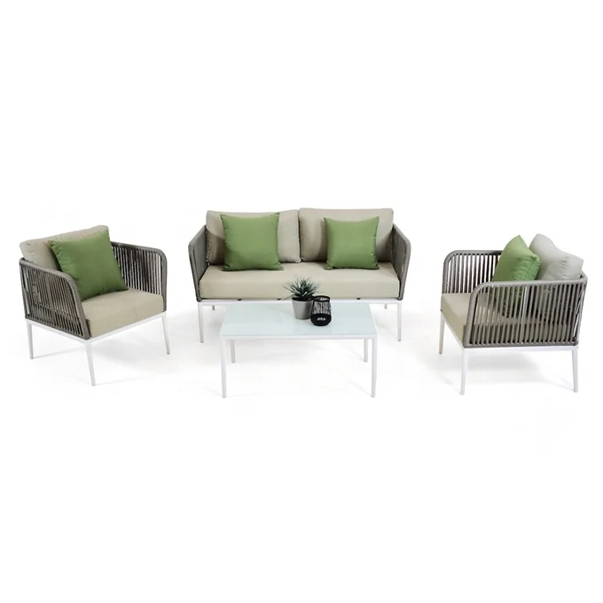 Beste verkoop grijze comfortabele tuinbank met loveseat meubilair buitenterras sectionele aluminium touw bankstel