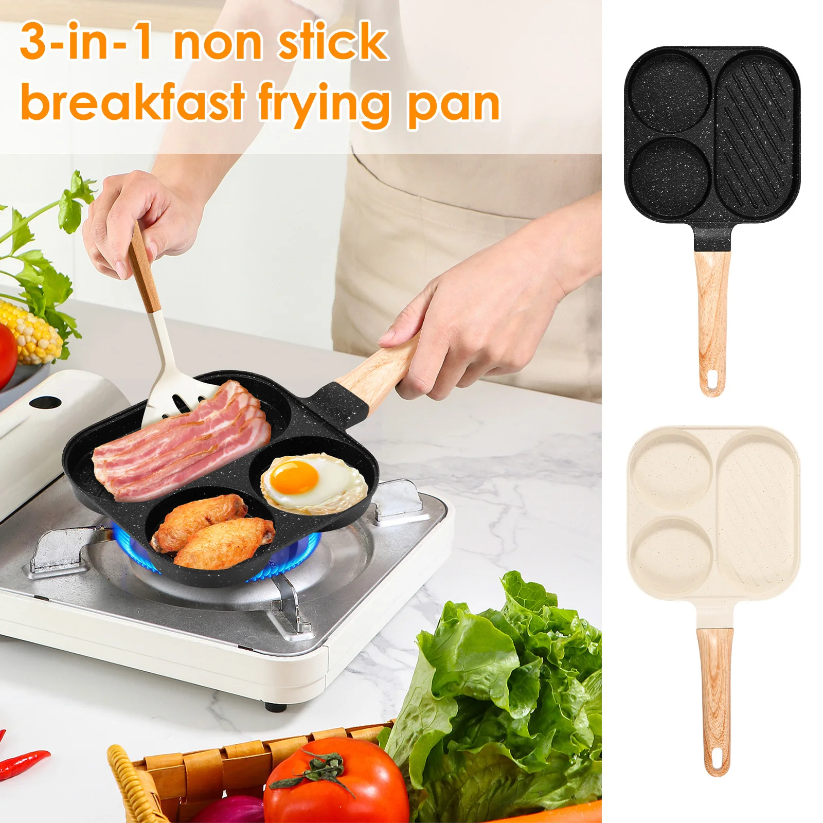 

3 Holes Frypan Omelet Pan Non Stick Breakfast Burger Egg Pancake Maker Steak Frying Pan Kitchen Cookware Fry Pan for Breakfast