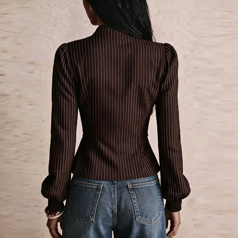 Women Striped Stand Collar Zip Blouse Puff Long Sleeve Double Breasted Gold Button Peplum Slim Fit Coat Vintage Shirt Casual Top