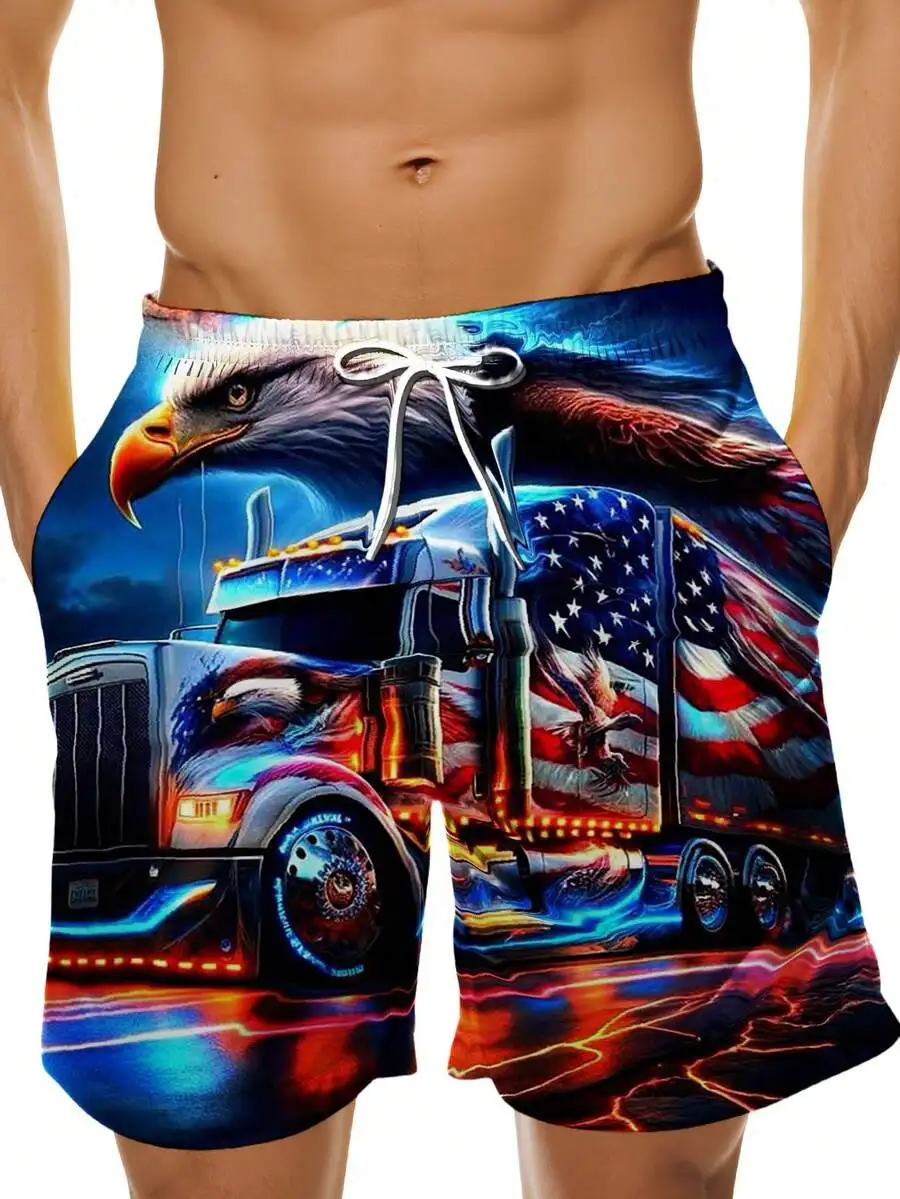

Mens 3D Truck Eagle Patriotic Print Swim Shorts Beach Board Shorts Summer Casual