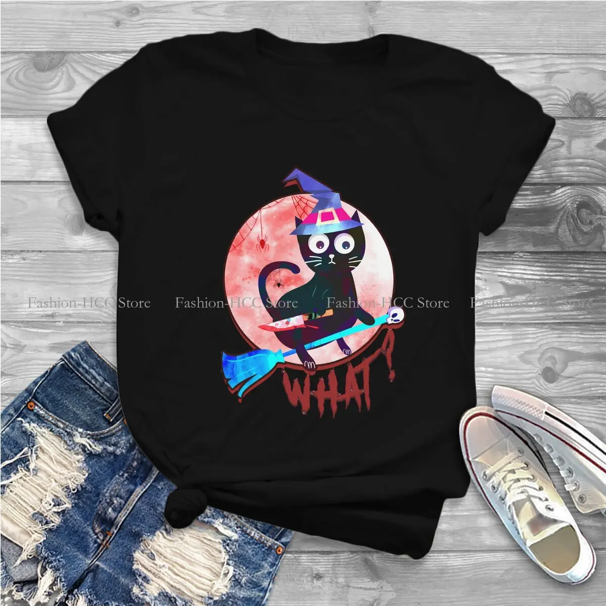 Cat What Murderous Polyester TShirts Riding A Magic Mop Personalize Women's T Shirt Funny Tops