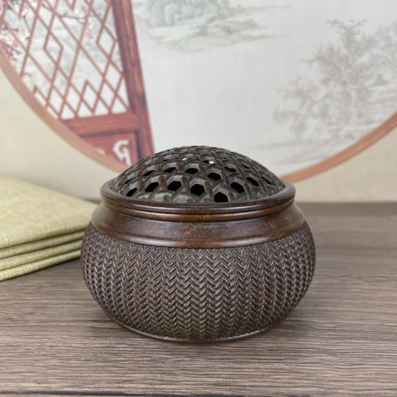 Brass Woven Mesh Grid Stove Ornament Chinese Style Collectible Incense Burner Qianlong Furnace Home Study Incense Props