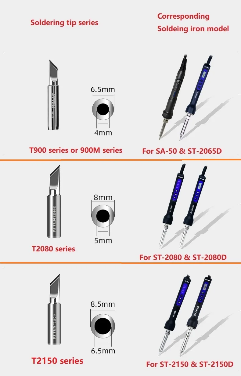 ATTEN Original Authentic Euro Plug 230V  ST-2065D 65W ST-2080 ST-2080D 80W  ST2150D ST-2150D 150W Sleep Shutdown Soldering Iron