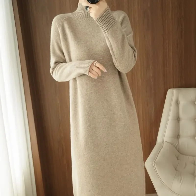 

Autumn Winter 2025 With High Quality Midi Korean Fashion Women's Knit Sweater Dress Loose Knitted One-piece Dresses For Women