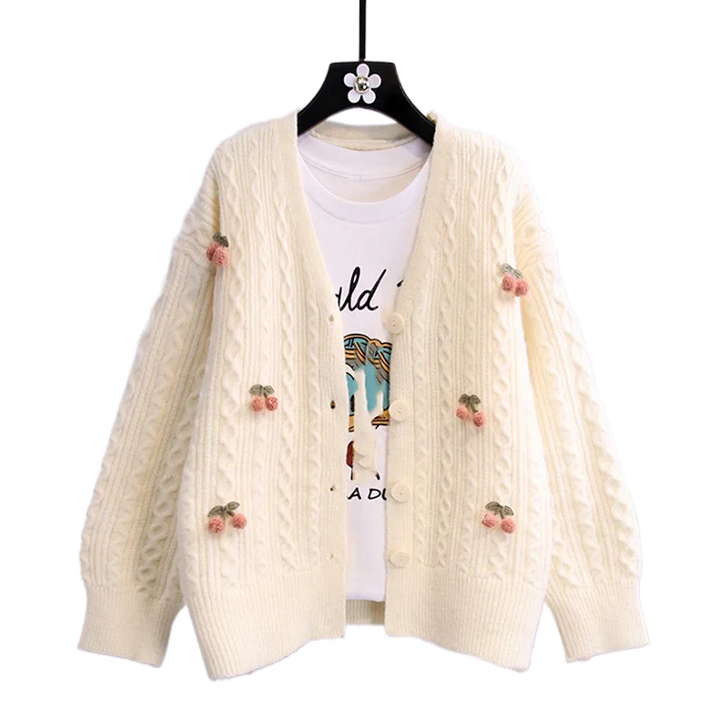 

Трехмерный вязаный свитер вишневого цвета, кардиган, женский весенне-осенний свободный универсальный короткий топ с v-образным вырезом и длинными рукавами