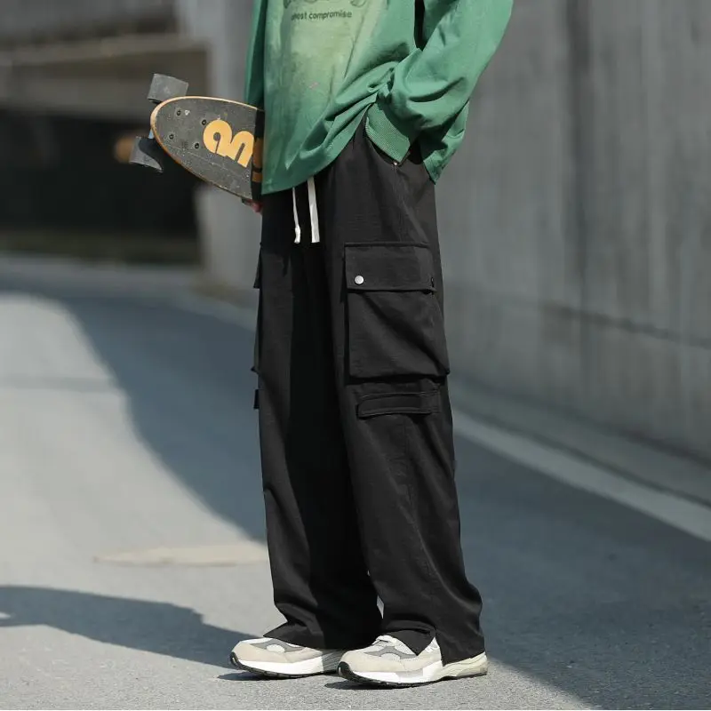 Spring Autumn Fashion Elastic Waist Solid Color Casual Men's Clothing Straight Loose Pocket High Waist Drawstring Cargo Pants