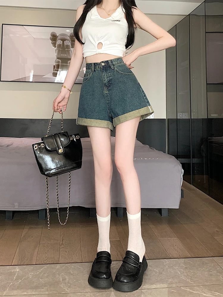 Shorts de mezclilla de cintura alta y pierna ancha para mujer, de verano, holgados, que disimulan la figura, corte A, pantalones cortos vintage con dobladillo.