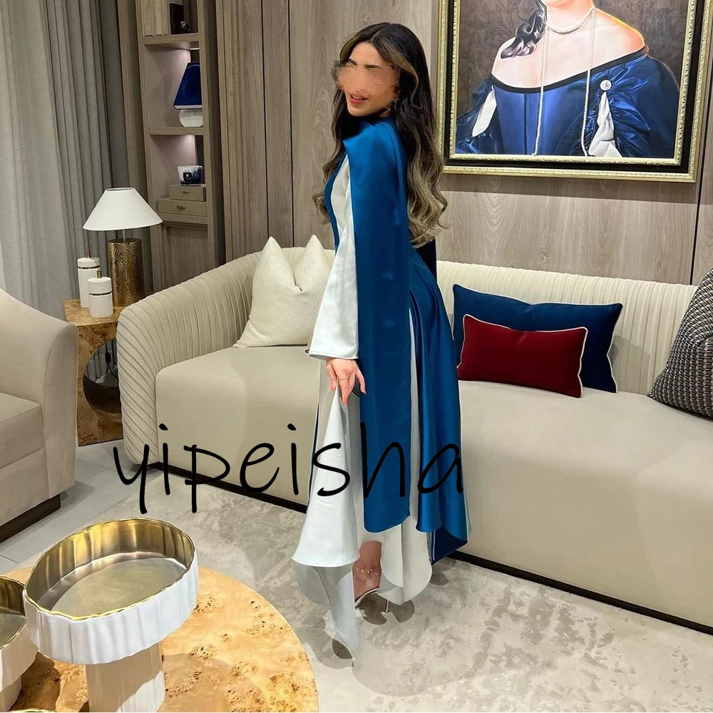 Customized Elegant Simple Blue Satin Party Gowns stitching color A-line Crew Neck Women Cape Ankle Length Evening Dresses