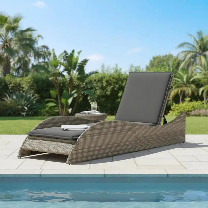Tumbona solaire ergonomique avec coussin rembourré doux couleur gris, dimensions 60x205x73 cm, fabriquée en polyéthylène résistant aux intempéries, idéale pour jardin, terrasse et zone de piscine, pour le repos et la baignade au soleil en extérieur.