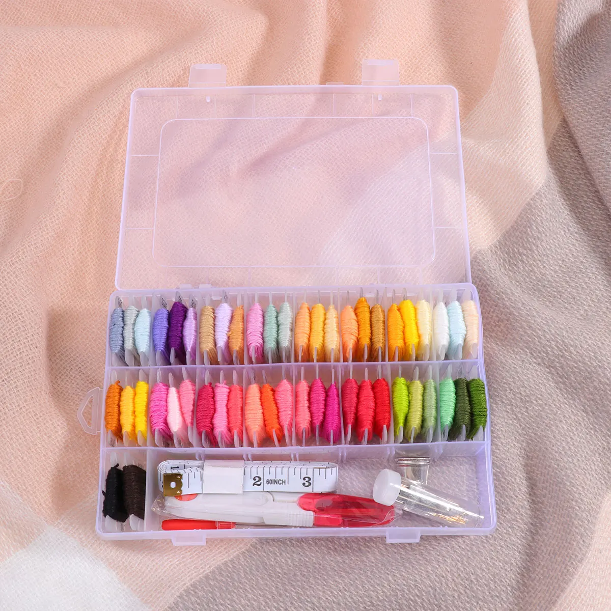 

50 Solid Color Embroidery Threads Kit Cross Stitch DIY Tools Yarn Ruler Punch 30 Gold Tail Needles 2 Threading Devices 2