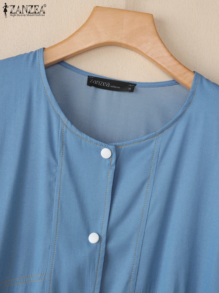 Plus Size Shirts ZANZEA Damen Strickjacken 2025, modisch, 3/4-Ärmel, modisch, solide Blusen, Herbst, Knöpfe, lässig, locker, elegant, Top