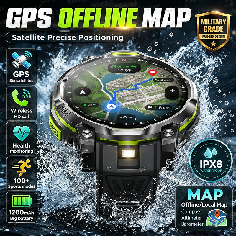 New Professional Offline Map Military Smart Watch Men 1200mAh Battery Bracelet IPX8 Waterproof ChatGPT 170+ Sport GPS Smartwatch