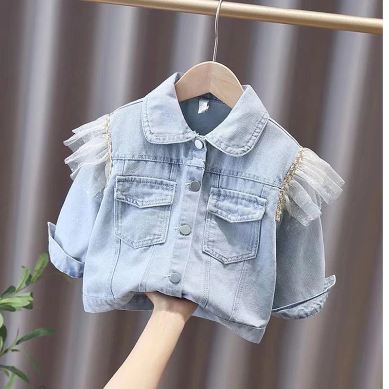 Children\'s Denim Jackets Girl Trench Jean Lace Jackets Girls Kids Lace Clothing Baby Coat Spring Autumn Windbreaker 2022