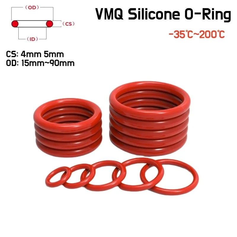 

5~50Pcs Food Grade VMQ Red O Ring Gasket CS 4/5mm OD 15~90mm Waterproof Heat-Resistant Washer Round O Shape Rubber Silicone Ring