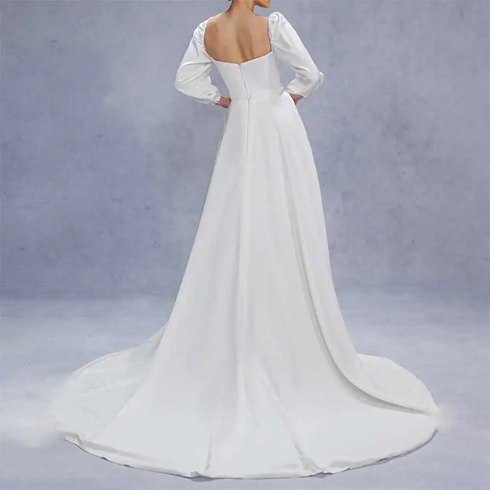 Elegancka suknia ślubna dla panny młodej z kwadratowym dekoltem i rękawem 3/4 z rozcięciem z boku i plisowanym odkrytym tyłem 2025 New Arrival Bride Gowns