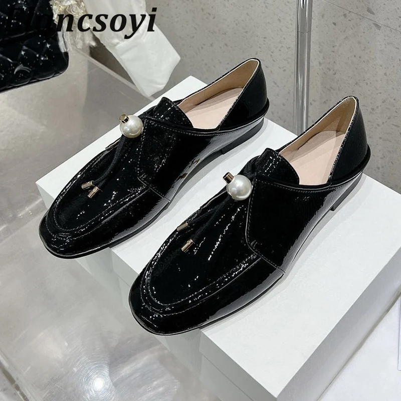 

Lacquer Leather Luxury Pearl Elastic Band Oxford Shoes Women's Round Toe British Style Single Shoes Spring Autumn Office Shoes