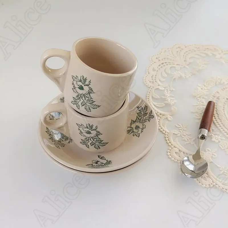 Retro Print Ceramic Coffee Cup Saucer Set Nordic Afternoon Tea Dessert Cups Green Mugs Office Household Drinking Utensils
