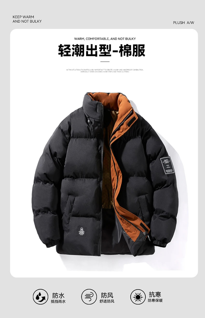 Male Solid Color Stand Collar Cotton Jacket Men Windproof Winter Thick Warm Parka Coat Men's Cotton Coat Thick Mens Warm Clothes