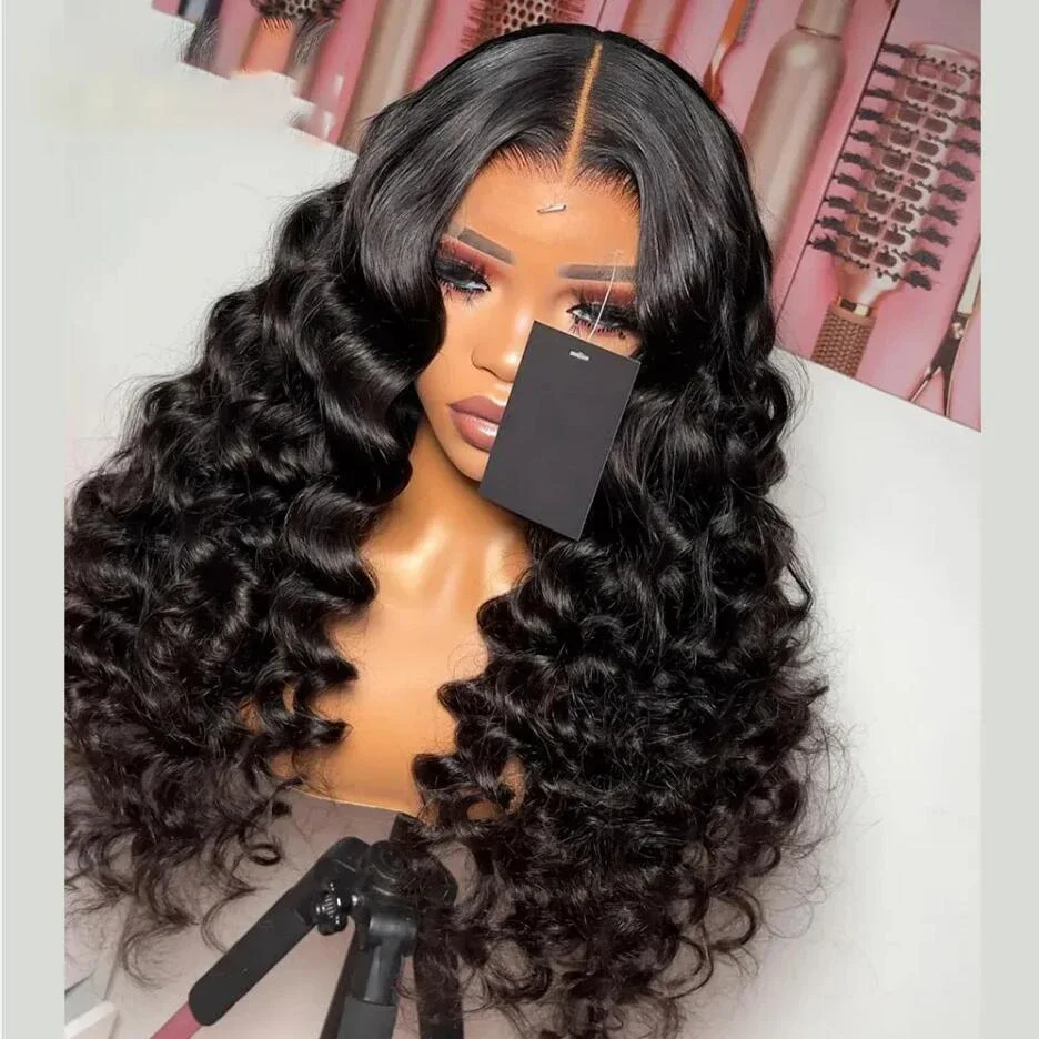 Wig Depan Renda Lembut Gelombang Dalam Panjang 26 Inci dengan Kepadatan 180 Harian Hitam Alami untuk Wanita dengan Rambut Bayi Tanpa Lem Dipetik Sehari-hari