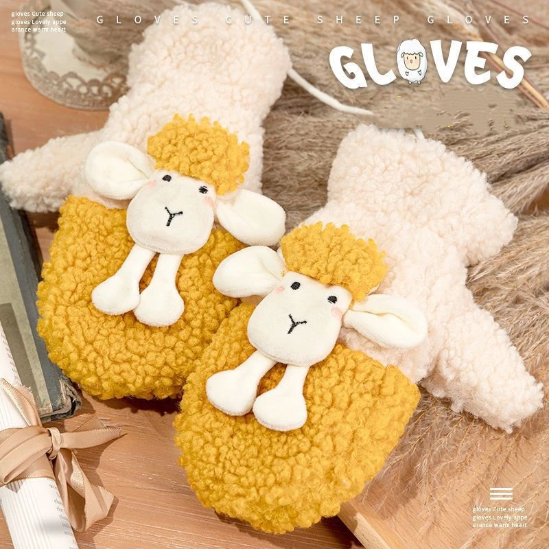 Cute Sheep Doll Soft Plush Gloves Women Winter Warm Thick Velvet Lamb Mittens Girls Students Outdoor Hand Guards Christmas Gifts