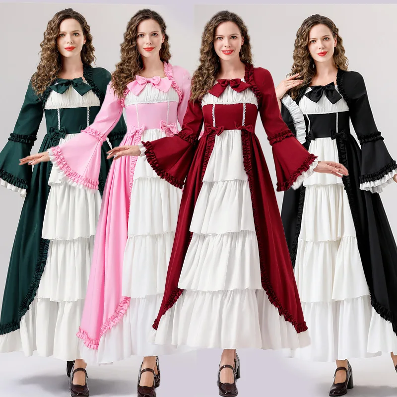 

Вечернее платье в средневековом готическом стиле с квадратным воротником, утягивающее талию, с пэчворком и узлом, А-образная юбка