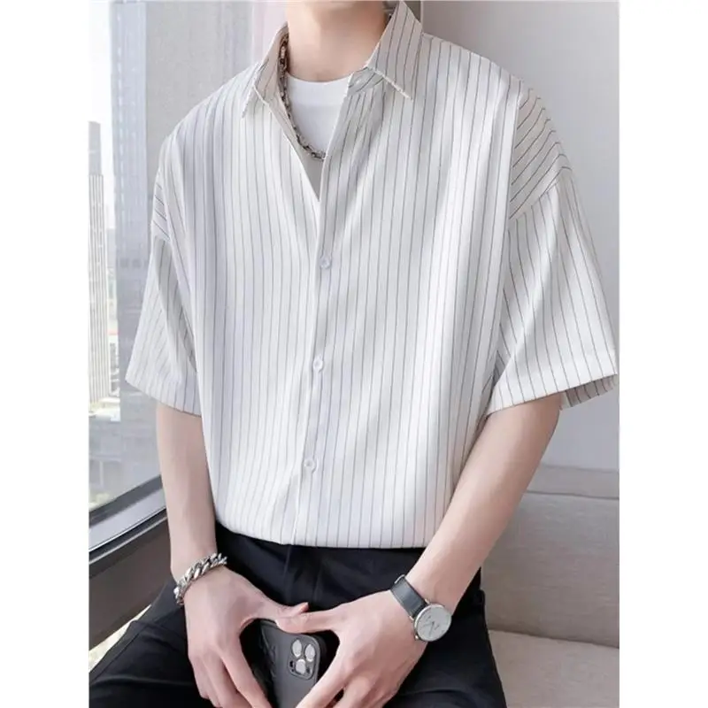 

Extra Large 300 Pou Ice Silk ort Sve Men's Striped Thin Qui Dry irt Casual Outerwear High-End Feeling Summer Top