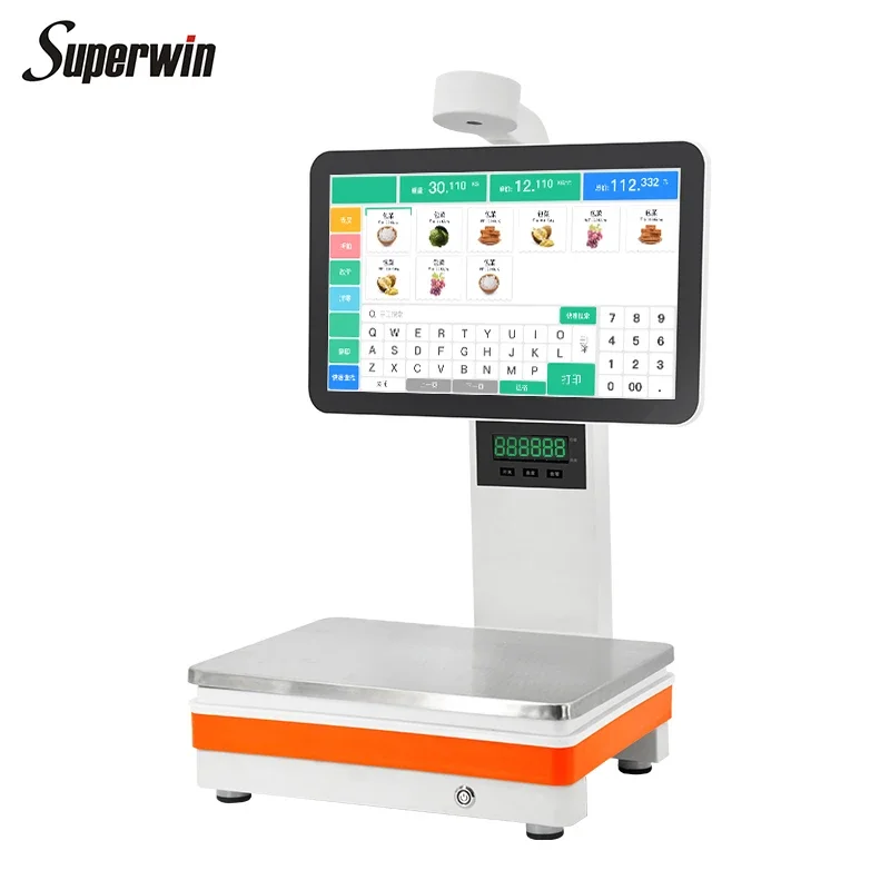 Báscula Superwin TOP PBX OS2X para PC, Báscula de Caja Registradora con Plato de Pesaje de Acero Inoxidable, Sistema POS, Báscula de Cocina Sf400