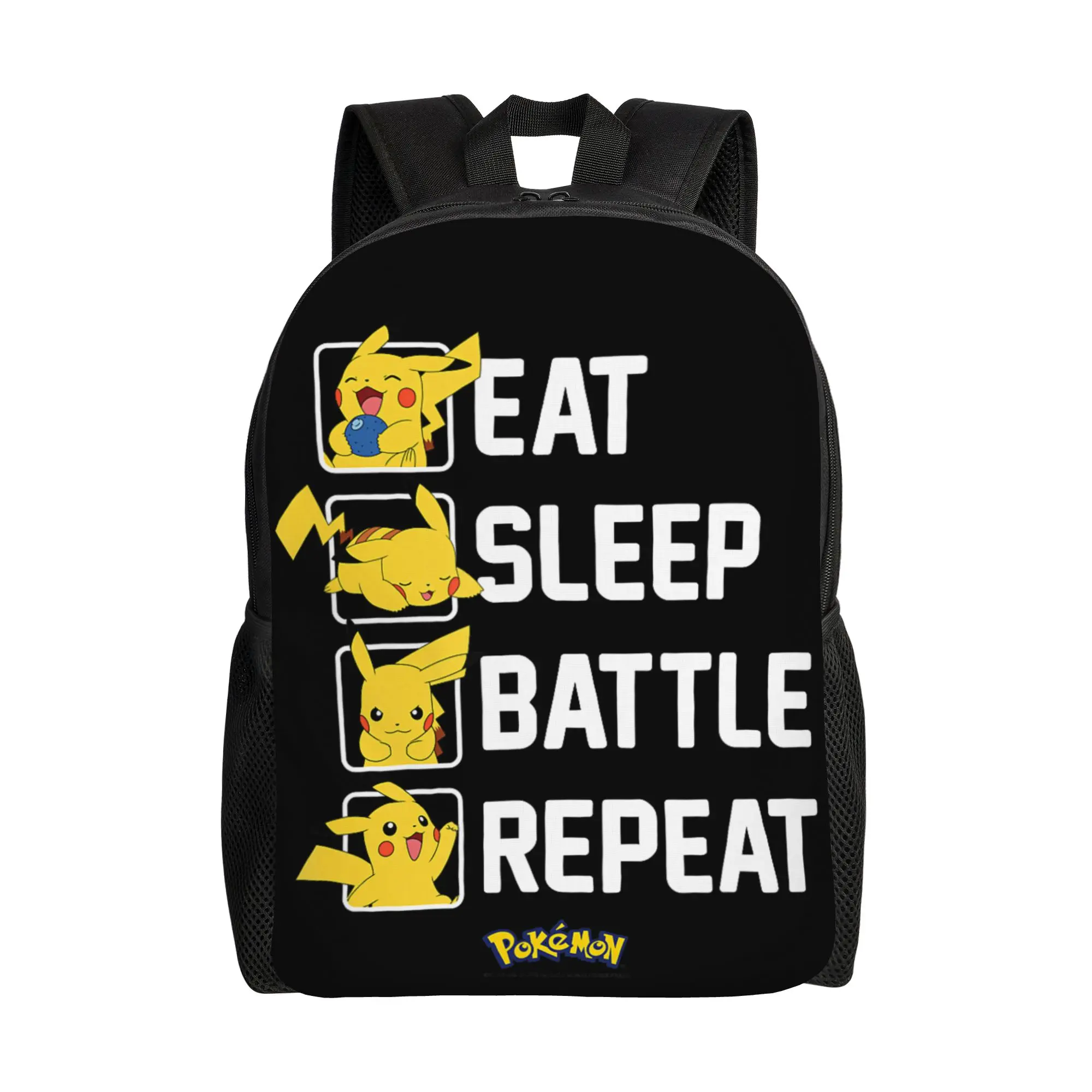 Mochilas Bandai Pokemon Eat Sleep Battle Repeat Pikachu Daypack mochila para trabalho de escritório, mochila de grande capacidade