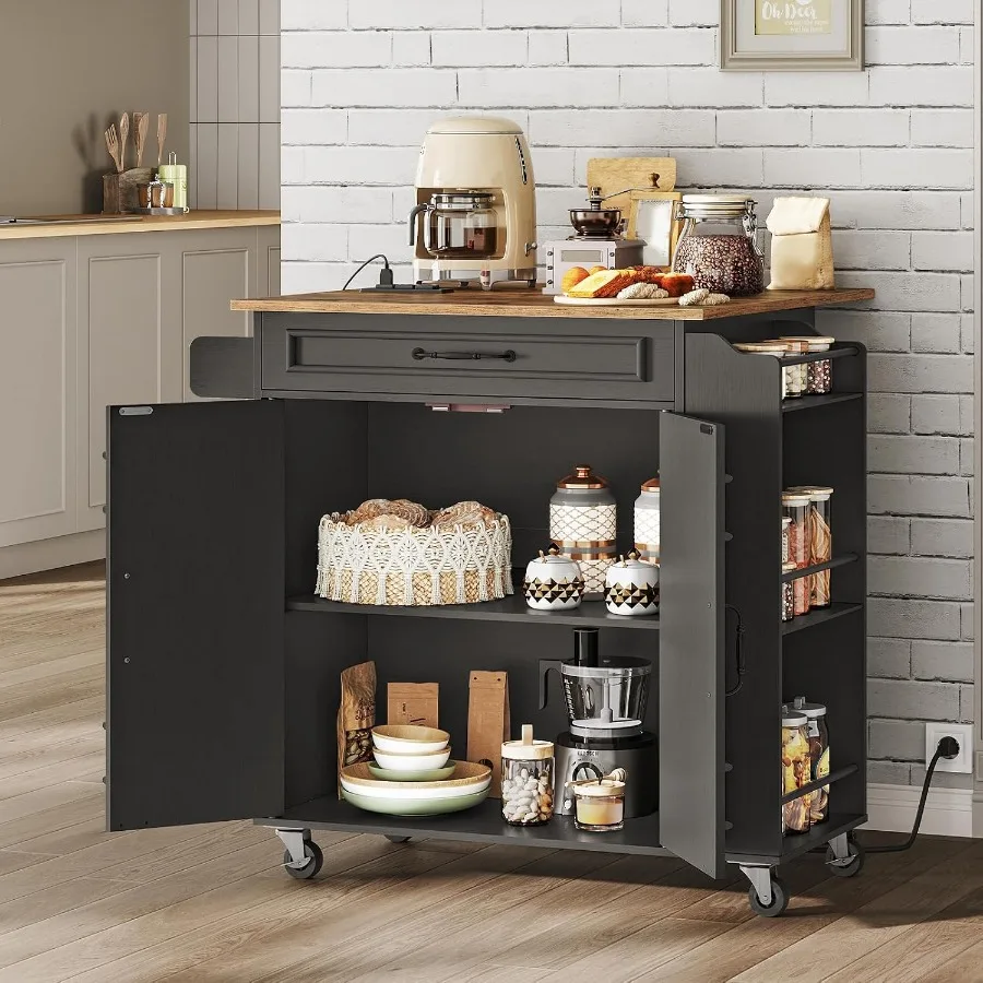 Kitchen Island with Power Outlets and Drop Leaf, Rolling Kitchen Cart on Wheels, Kitchen Storage Island with Spice Rack and Dra