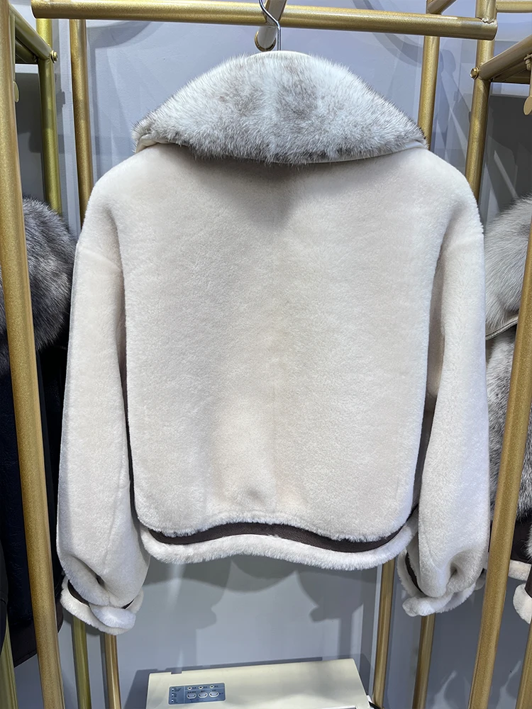 Abrigo de piel de oveja Merino con cuello de piel de visón Natural auténtica para mujer, chaqueta de piel de doble cara de cuero genuino, gran