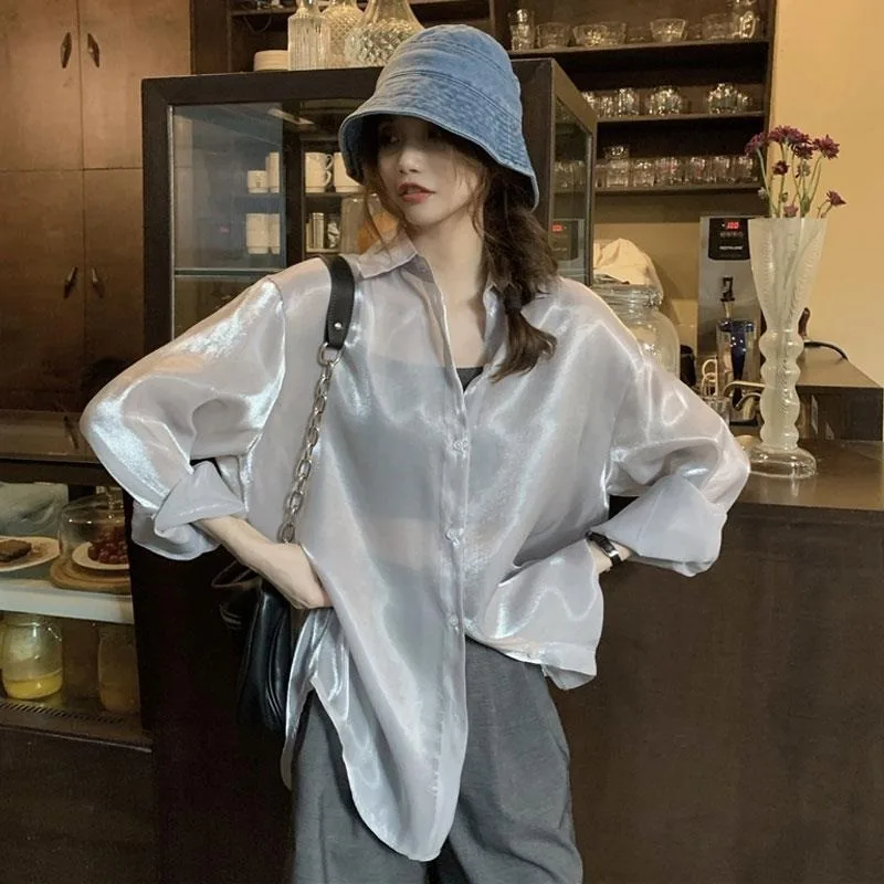 QWEEK  Satin Oversized Long Sleeve Shirt Woman Basic Office Ladies Blouses Korean Fashion Summer Transparent  Aesthetic 2024