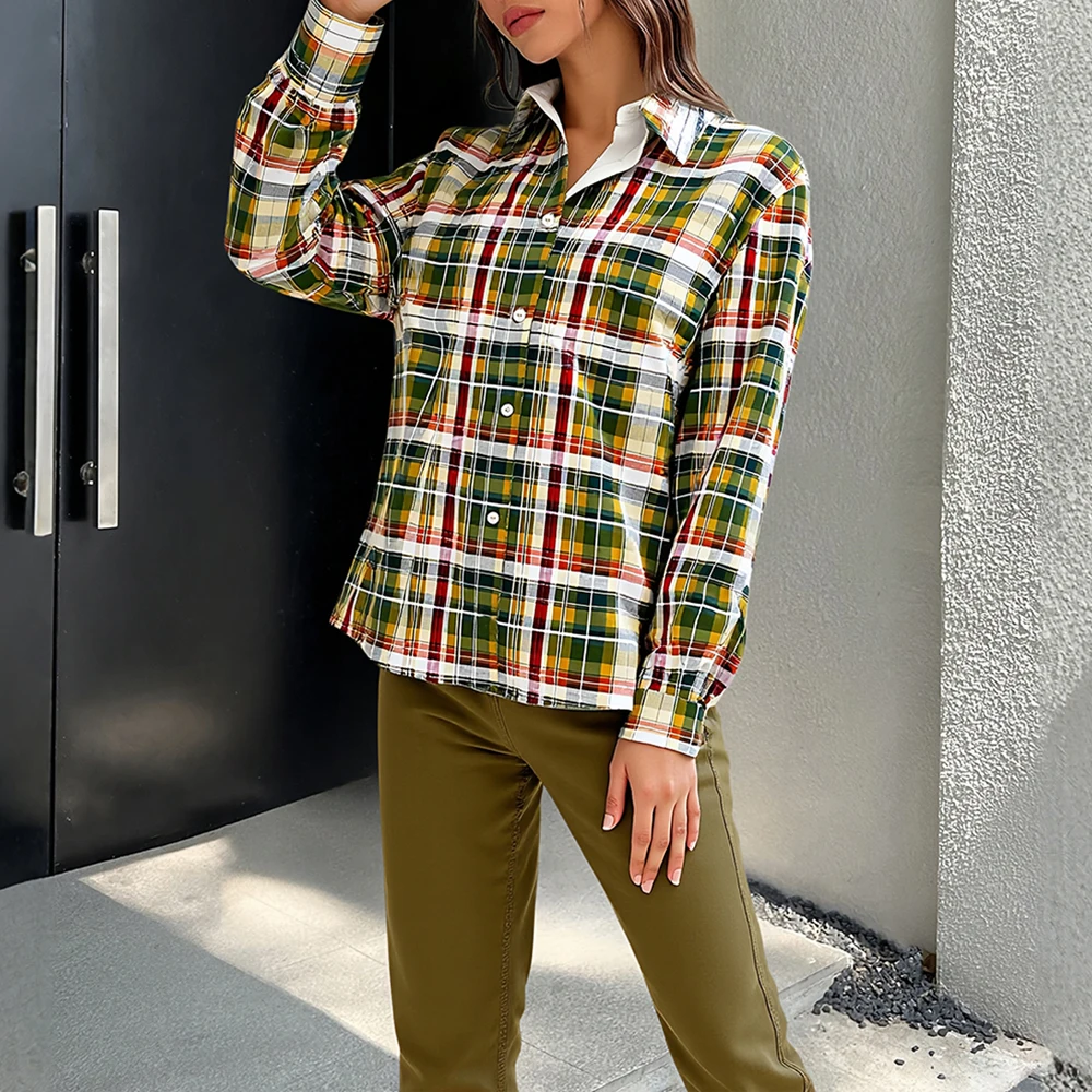 

Mia Muse Autumn Shirts 2025 Women's Decent Plaid Contrast Color Long Sleeve Shirt Collar Button Through Daily Shirts