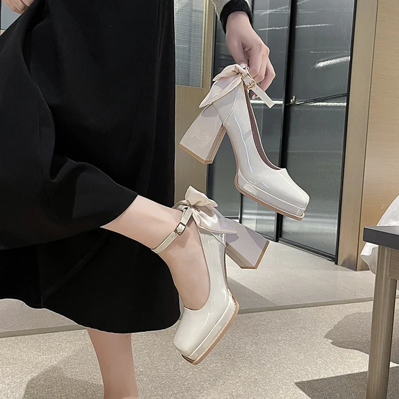 Women Pumps Platform High Heels Wedding Shoes Patent Leather Red Mary Jane Shoes Bow Buckle Strap Square Toe Chunky Heeled Shoe