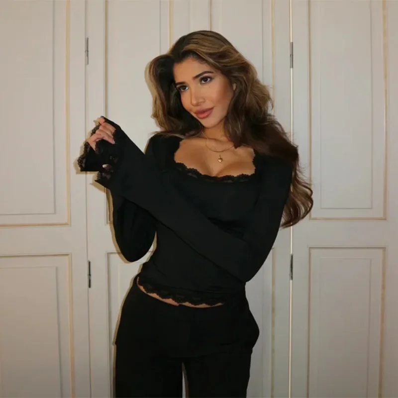 الخريف الدانتيل كم طويل تي شيرت للنساء يغرق مثير سليم قمة الموضة الجديدة البلوز تي شيرت الإناث الصلبة عادية #5