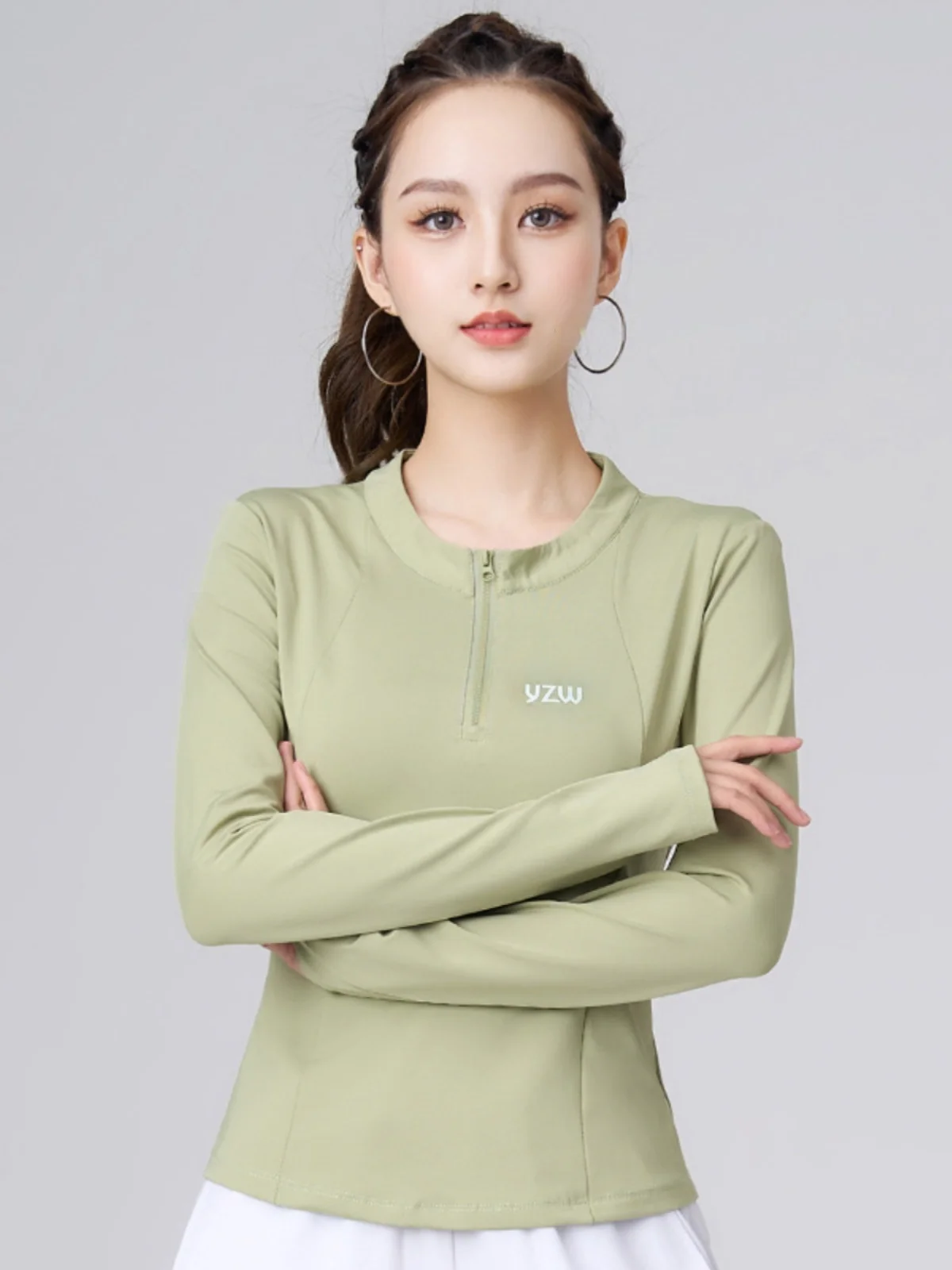 Cseta de Yoga Fena de Secagem Rápida com Meio Zíper e Manga Curta para Esportes e Fitn, Efeito Emaecedor para Cor...