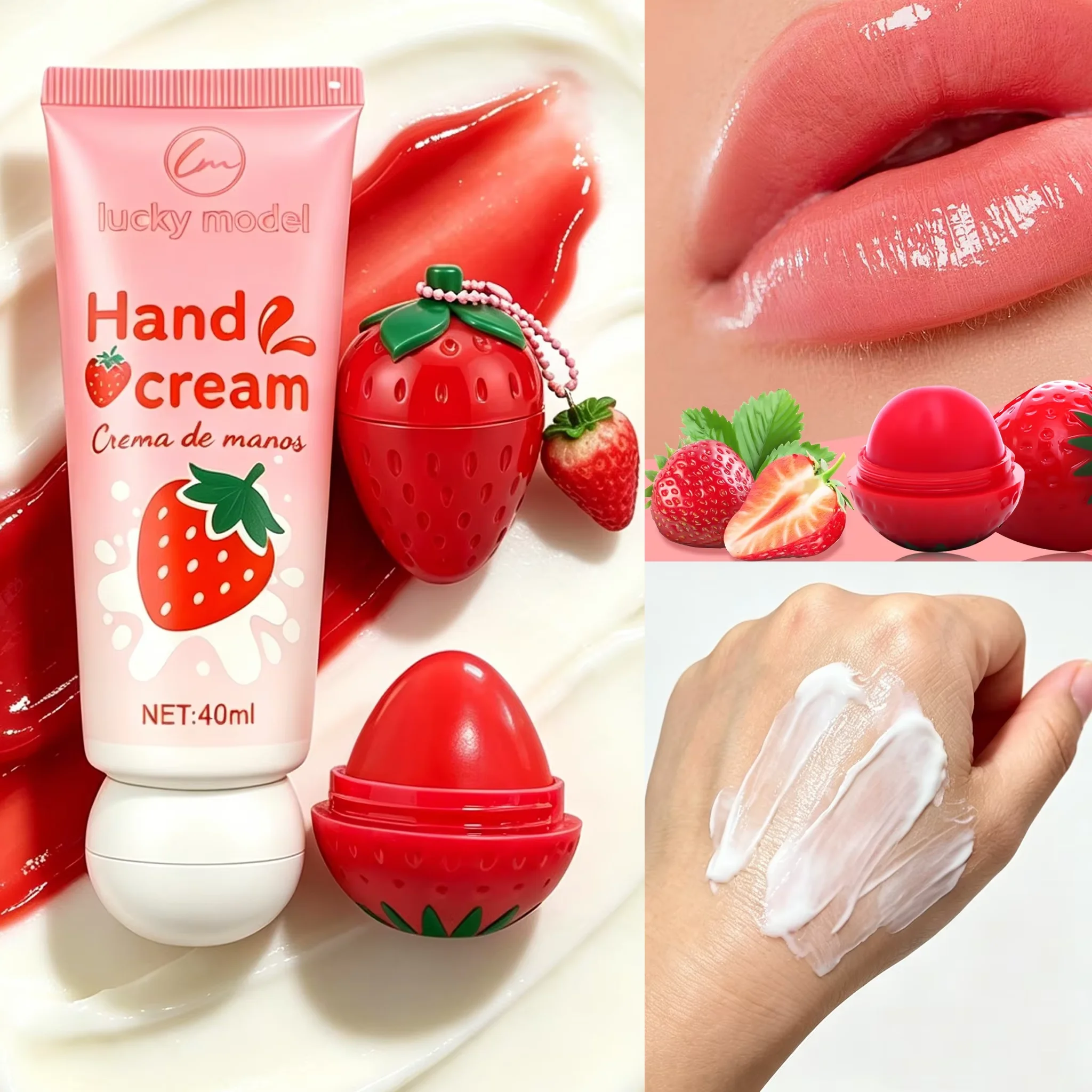 Lucky Model Strawberry Hand Cream Lip Ball Set Strawberry Flavor Moisturizing Hand Cream lipstick Combination