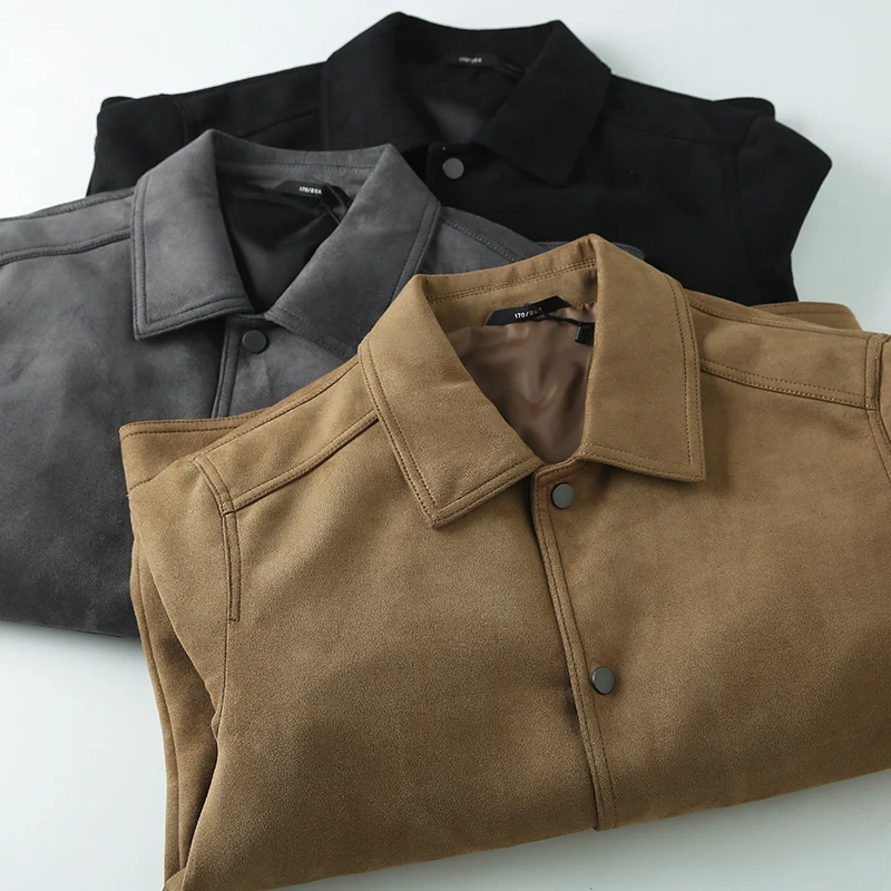 

Italian Luxury Suede Jacket Men's Casual Flip Collar Color Coat Trendy Autumn Winter Fashion Outerwear Polyester Fiber