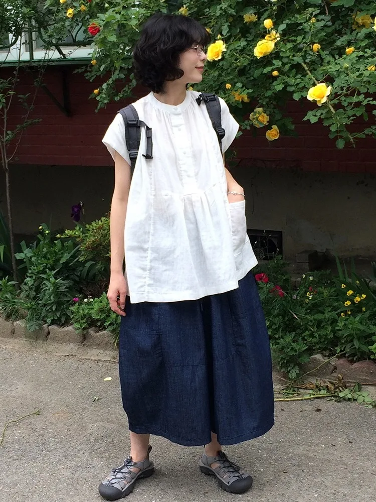 Summer New Sle Women's Loose ort Sve irt Folded ket Design Flower  Top Commute Pure Color round Ne irt