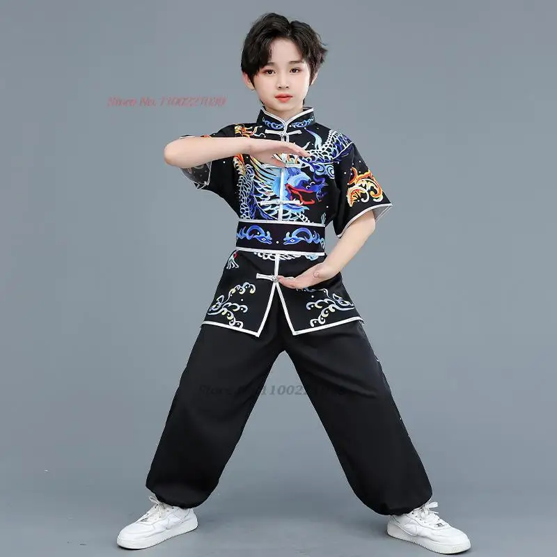 2024 chinese children traditional tai chi wushu kung fu martial arts set vintage performance suit dragon print kung fu suit