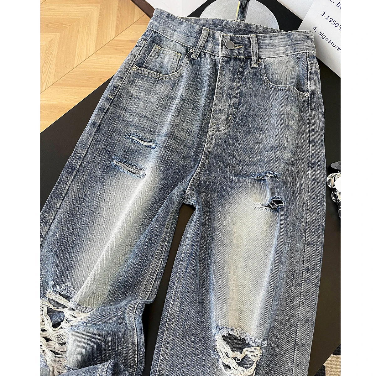 High Waist Gradient Washed Ripped Women's Jeans Vintage Distressed Frayed Hole Pants Streetwear Blue Loose Wide Leg Trousers