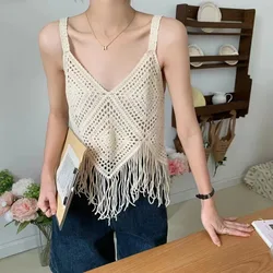 Crochet Knit Sleeveless Top with Fringe Hem Women Open Stitch Strappy Camis Crop Tank Top Spring Summer 2026 Boho Beach Cover-up