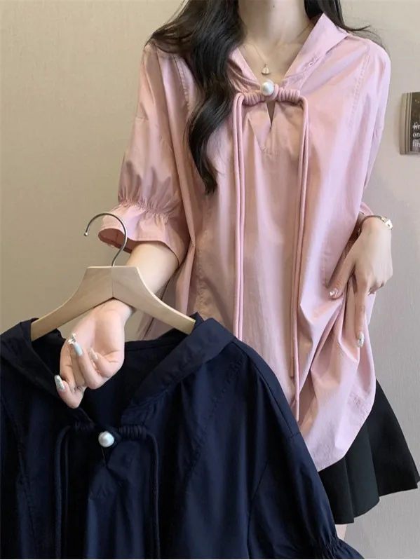 Faionable Large Size Button up Hoodie ort Sve irt New Chinese Sle 2024 Summer New Arrival Women's Casual irt