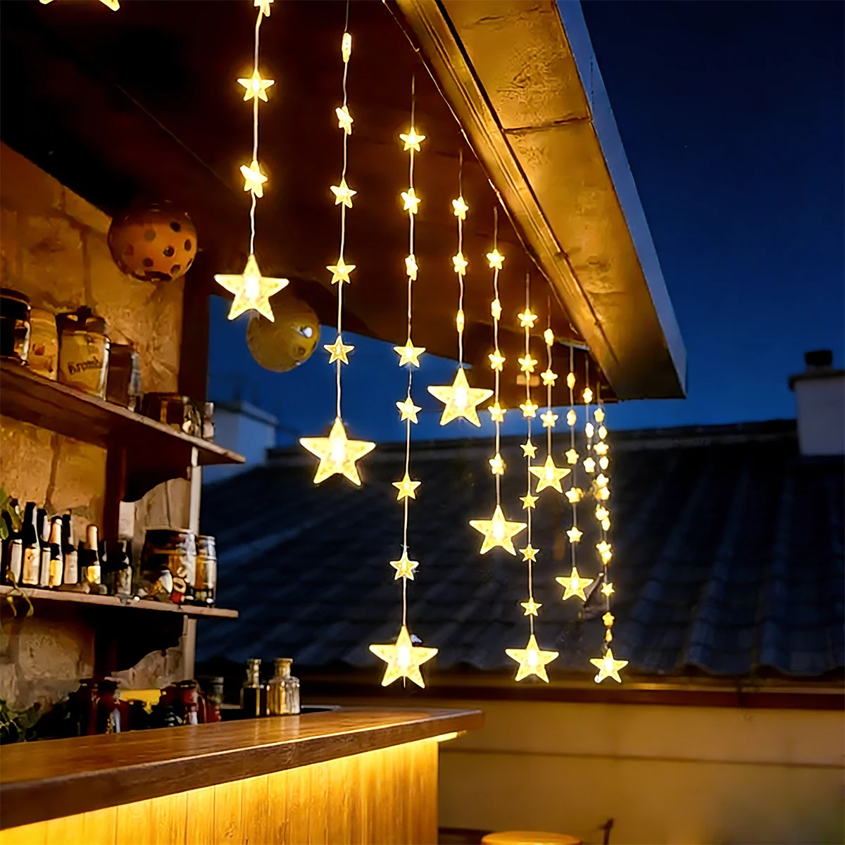 1pc 120 LED Solar Powered Curtain String Lights Waterproof Star Fairy Lights 8 Lighting Modes For Window Garden Ramadan Decor