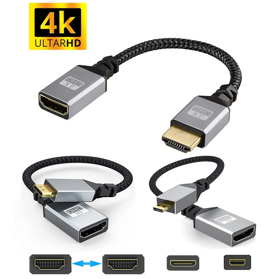 4K@60Hz HD Extension Cable Left/Right/Up/Down Angle Micro-HD/Mini-HD Male to Female UHD Adapter Extender Cord for PC Camera HDTV