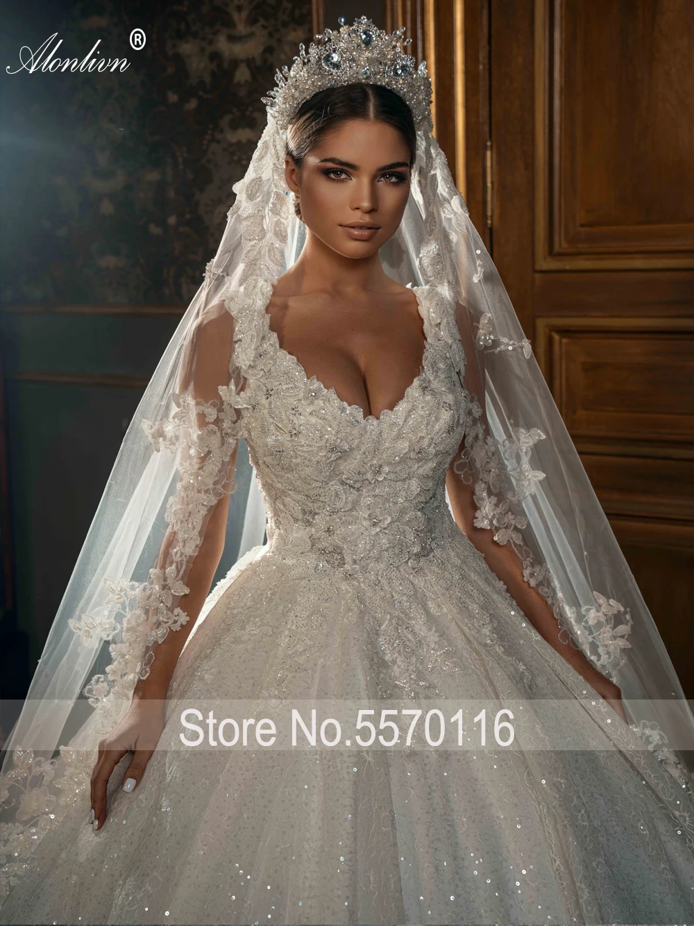 Alonlivn-Robe de mariée en dentelle scintillante avec appliques de perles, col en V, robe en fibre, attrayant