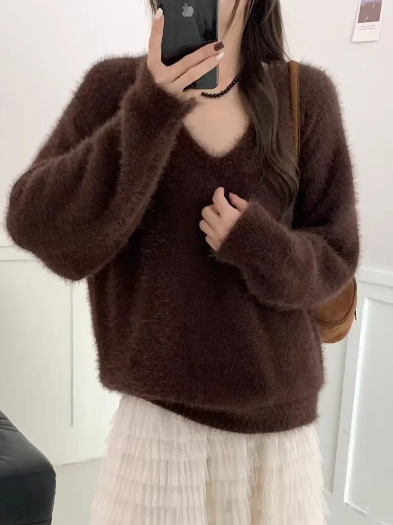

Ретро кофейного цвета, V-Ne, норковый бархатный пуловер, свитер, женский осенне-зимний свободный мягкий вязаный верхняя часть тела