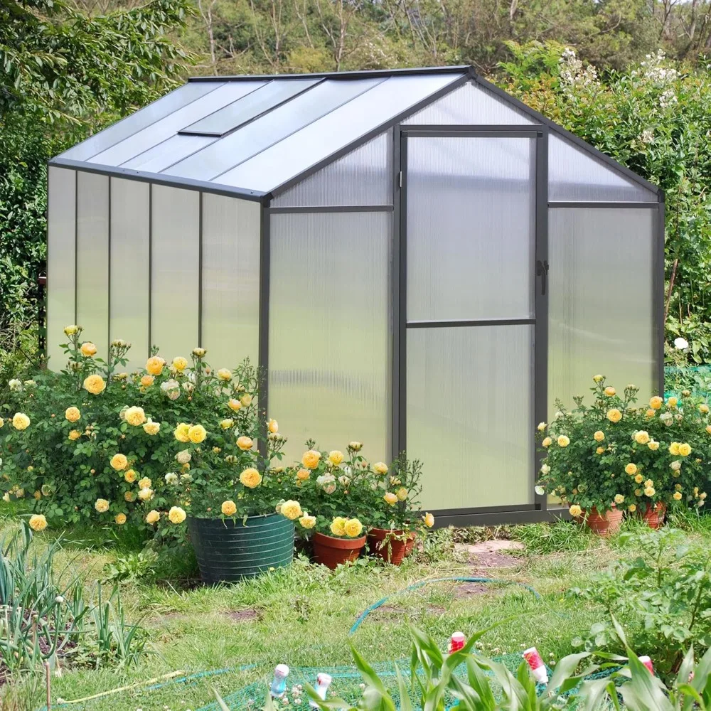 

6x10 Ft Polycarbonate Greenhouse Kit with Aluminum Frame, Walk-in Green House with Sliding Lockable Door & Adjustable Roof Vent