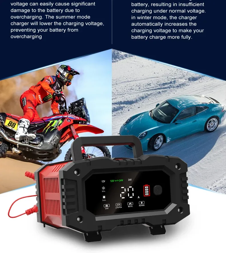 Tragbares 10A/20A-Ladegerät für Start-Stop-Batterien, Autoreparatur und Schnellladung für 12 V/24 V AGM LiFePO4-Auto, LKW, Motorrad – Detail 13
